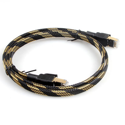 Nylon Ethernet Cat7 Patch Cord Flat Black Yellow Braided High Speed