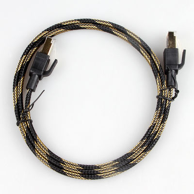 Nylon Ethernet Cat7 Patch Cord Flat Black Yellow Braided High Speed